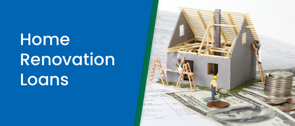 How Renovation Loans - Image of a miniature home and construction workers sitting on top of money